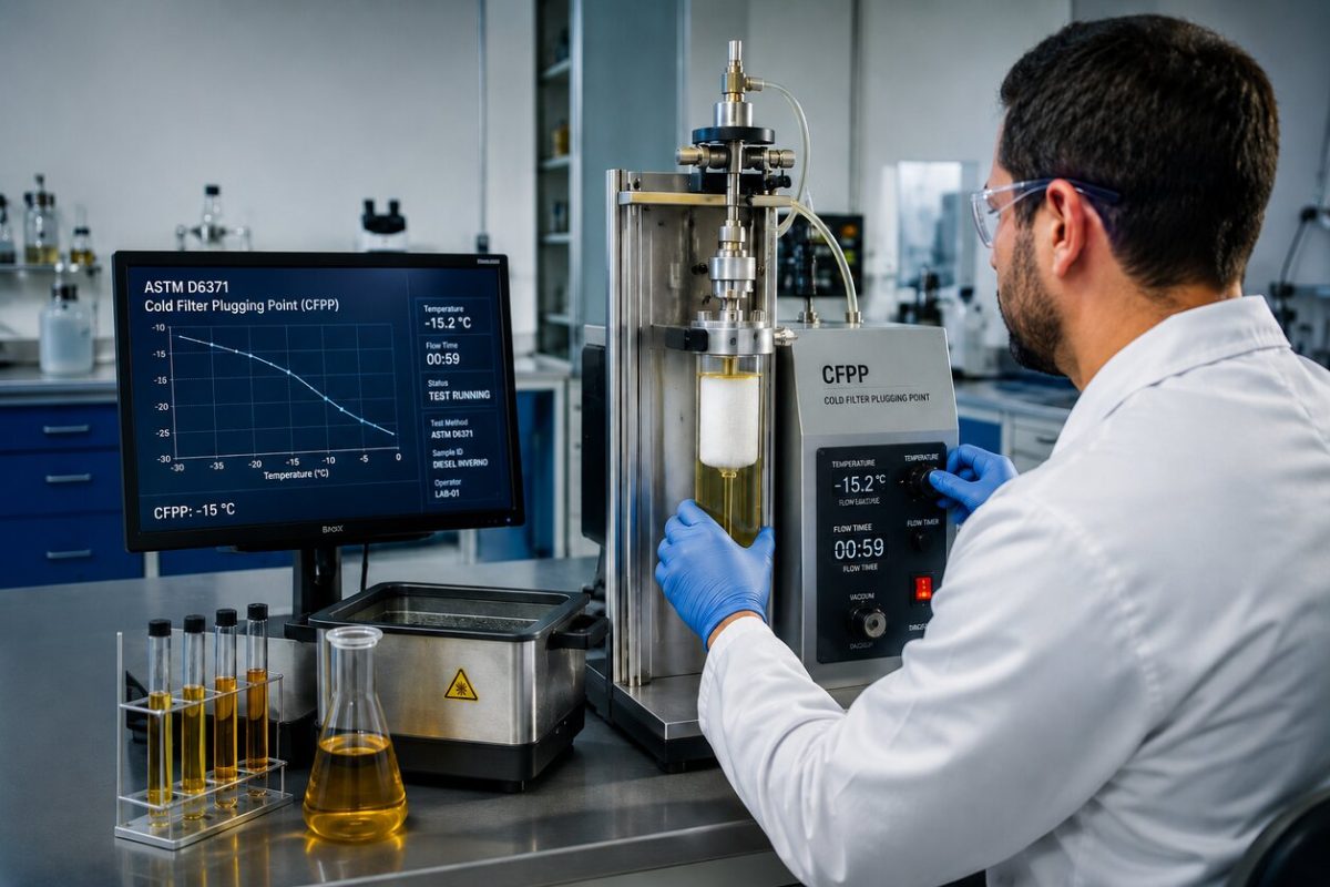 Técnico realiza teste de filtragem a frio em laboratório com equipamento e monitor de análise de combustível.